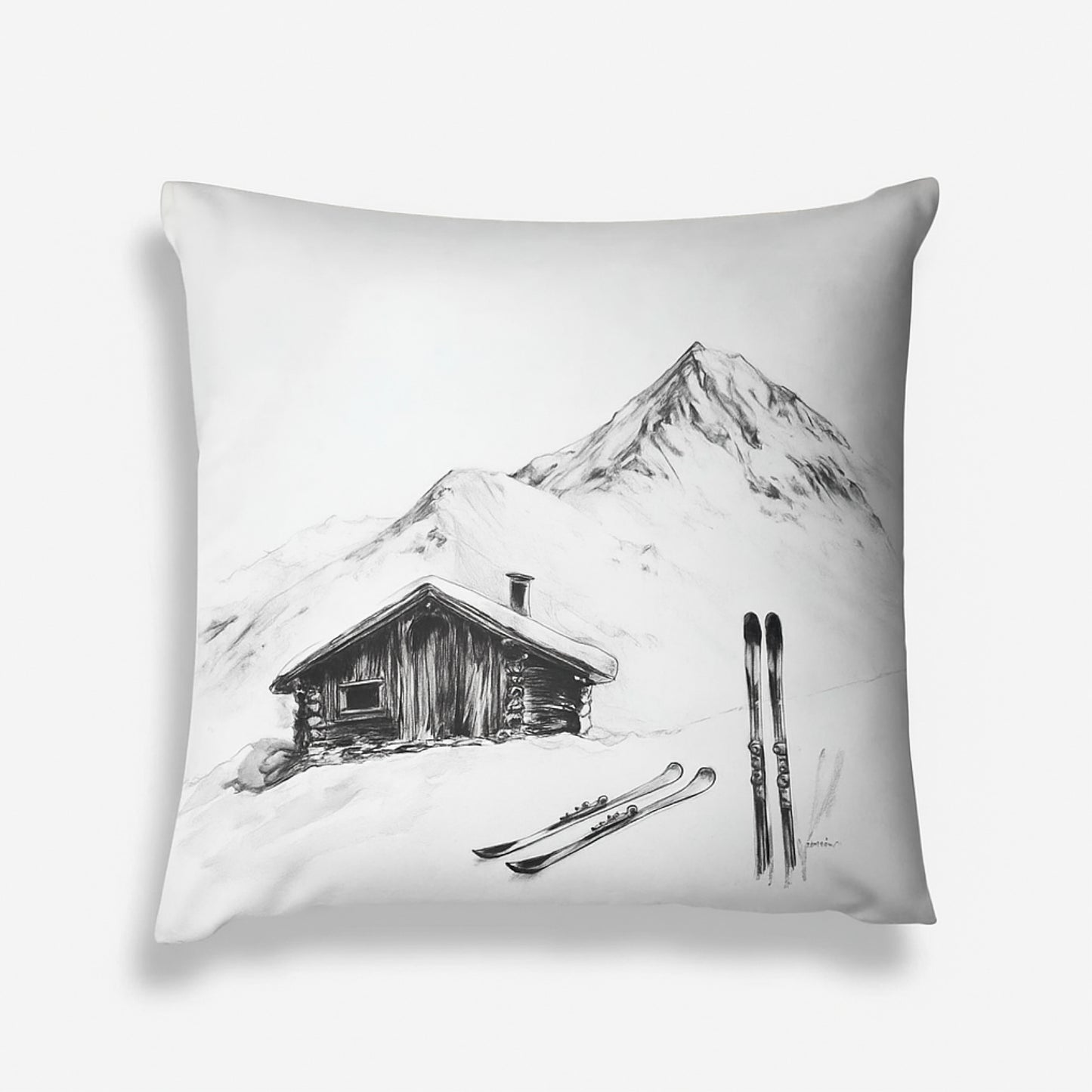Coussin Chalet Alpin et Skis Noir et Blanc