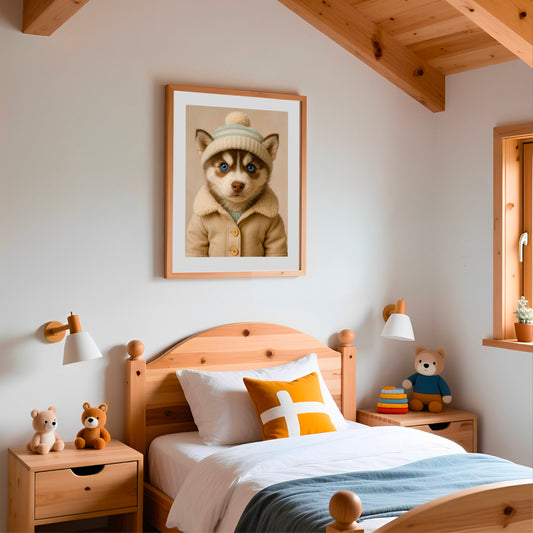 Tableau Chiot Husky Hiver Blanc