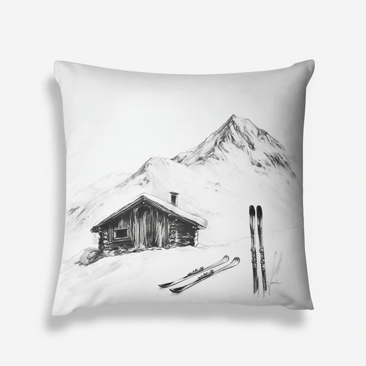 Coussin Chalet Alpin et Skis Noir et Blanc